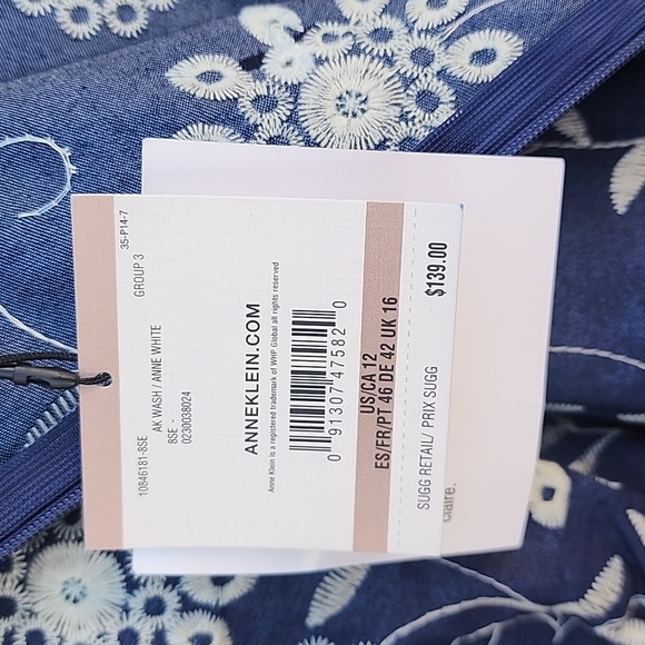 ANNE KLEIN Blue Embroidered Chambray Denim Dress 12 Floral Cotton - Picture 12 of 15